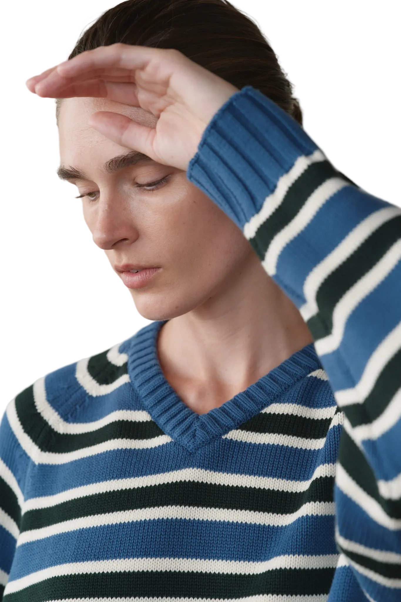 DONNI. Cotton Knit Stripe V-Neck Sweater in Lake/Creme/Fir