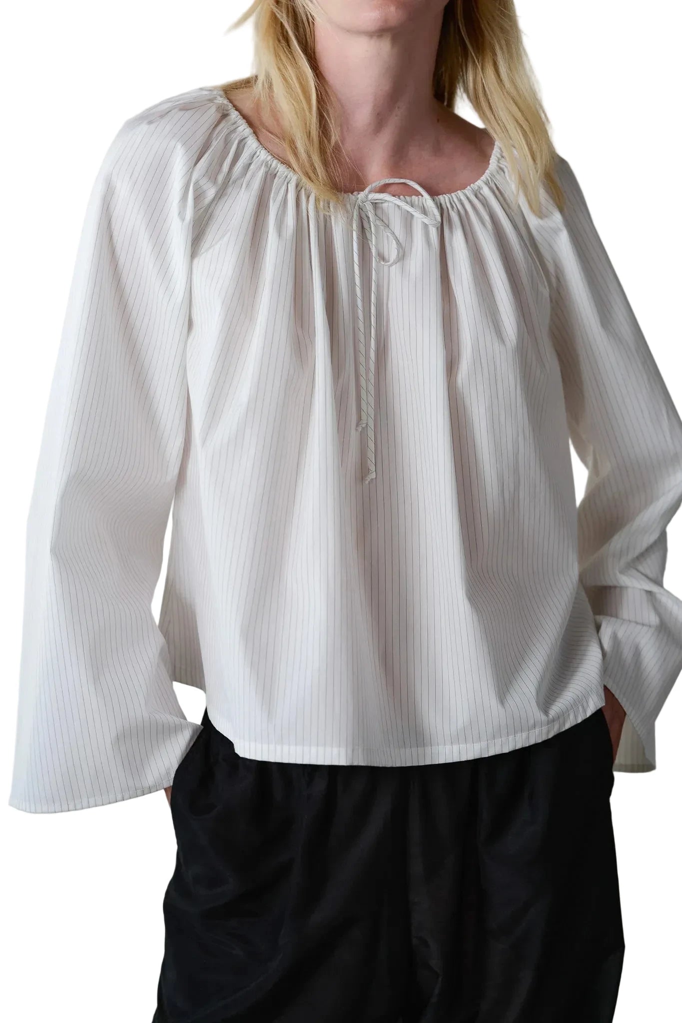 DONNI. Pop Pinstripe Tie Top in Powder