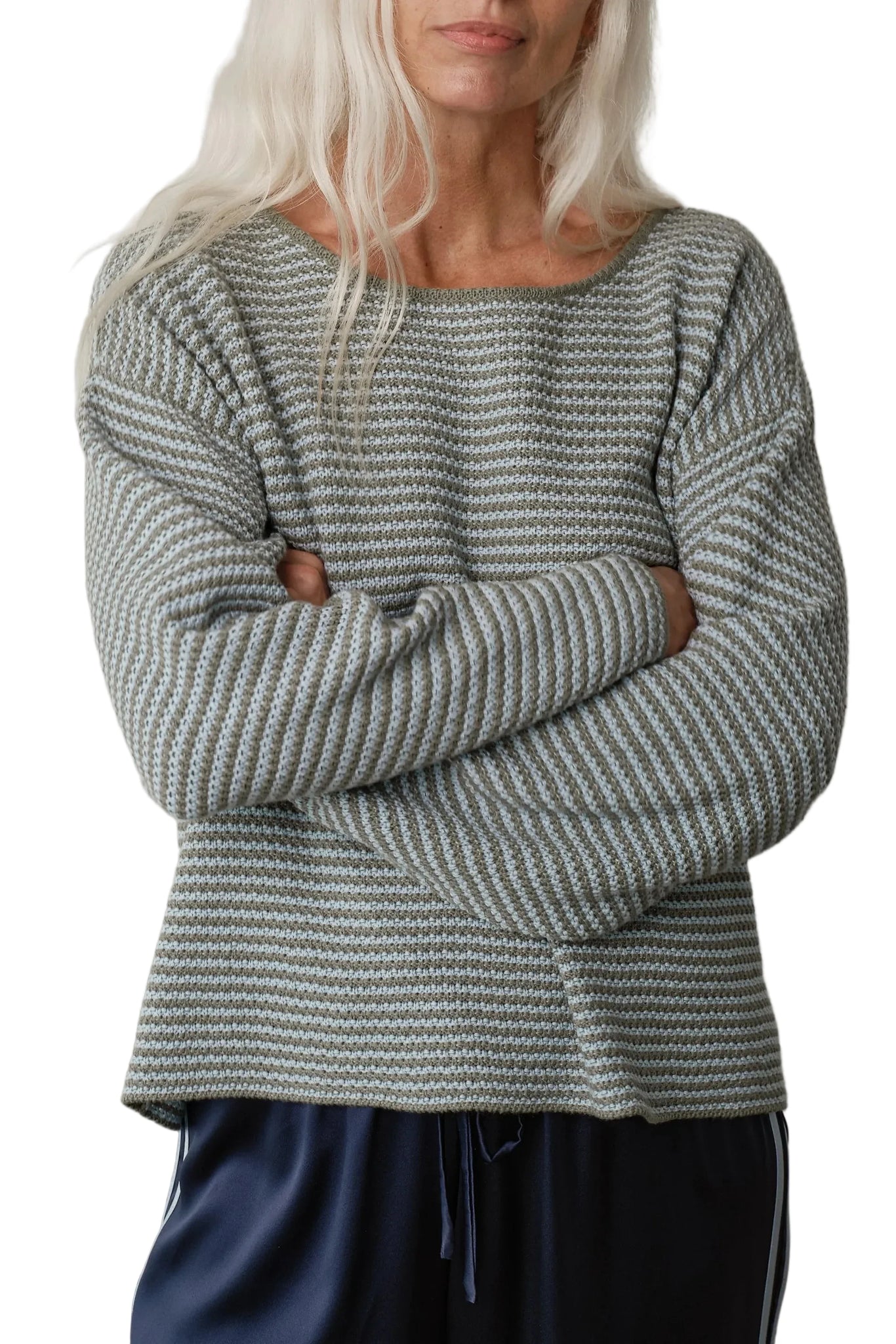 DONNI. Cotton Knit Stripe Sweater in Dill/Cloud