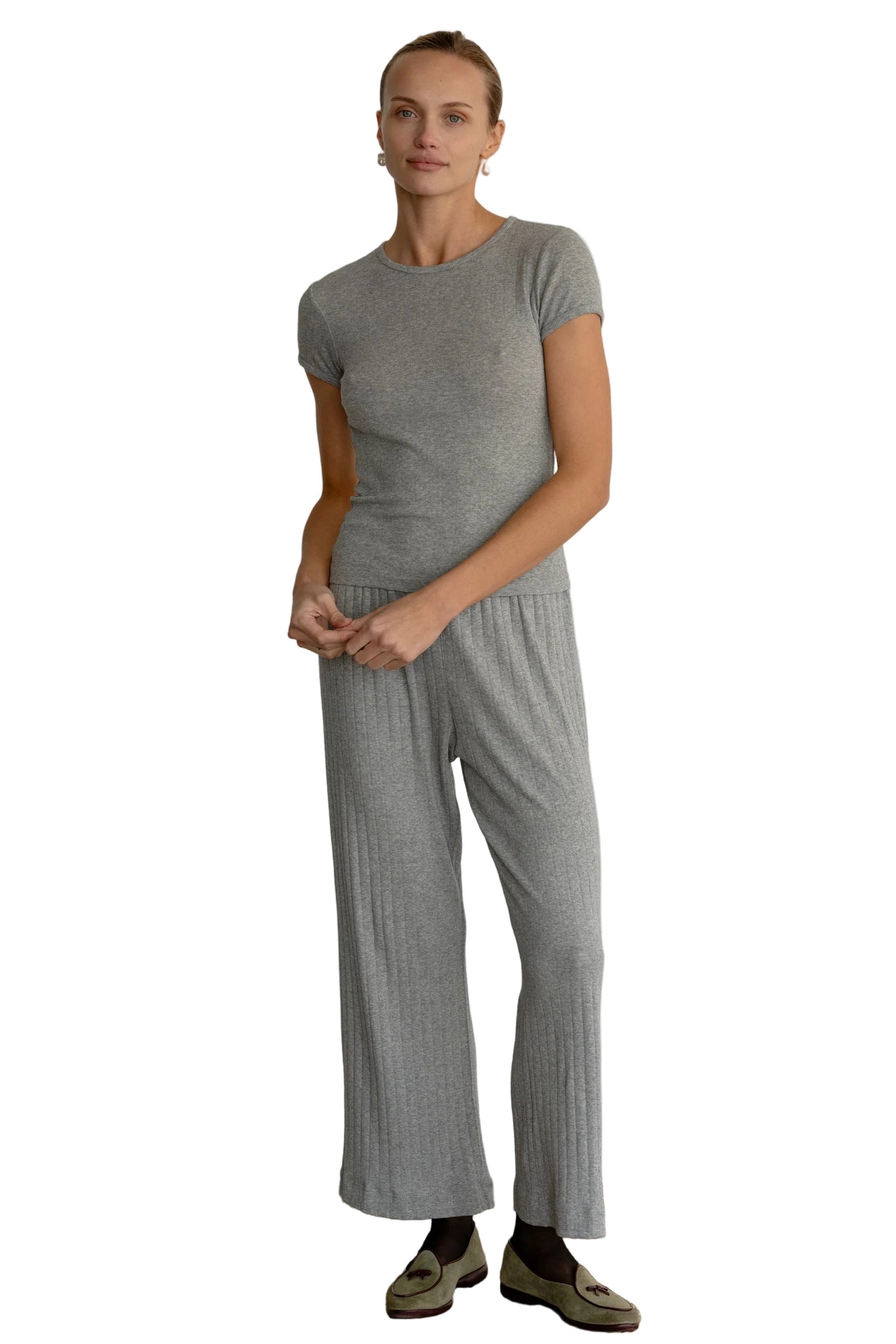 DONNI. Pointelle Baby Tee in Heather Grey