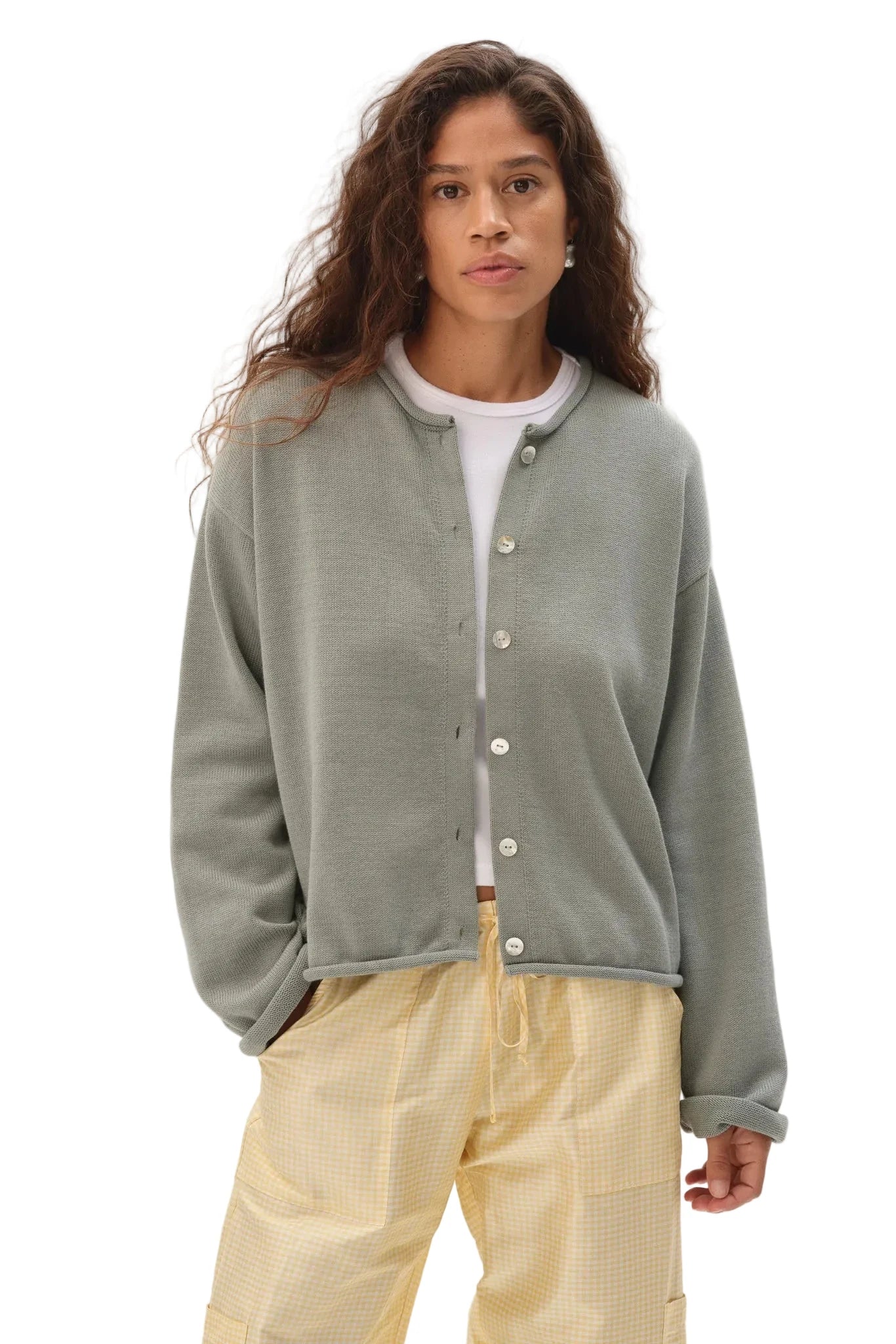 DONNI. Cotton Knit Roll Cardigan in Sage