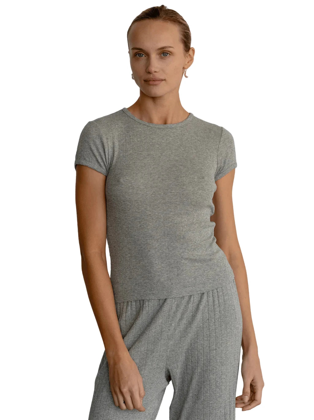 DONNI. Pointelle Baby Tee in Heather Grey