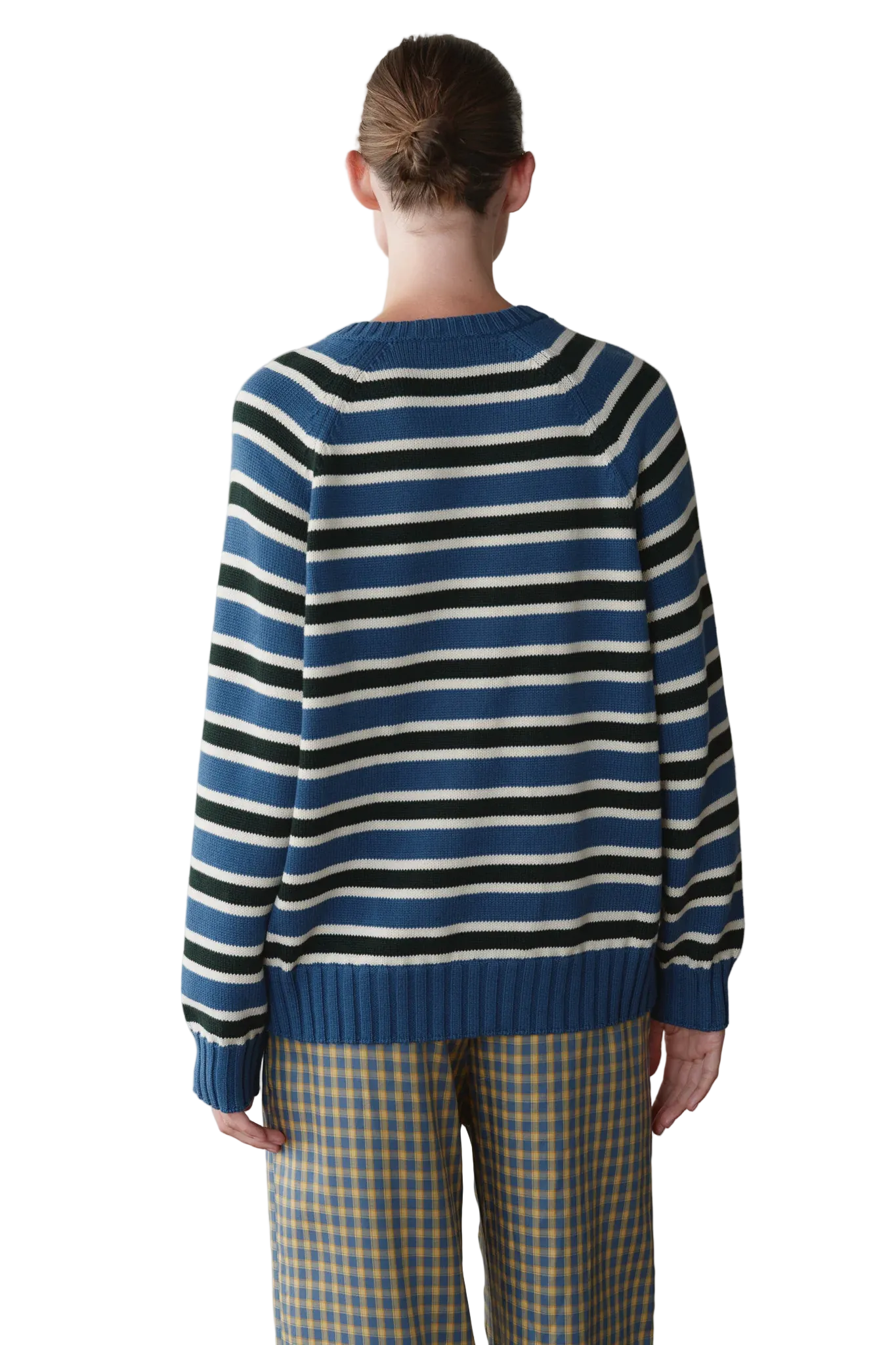 DONNI. Cotton Knit Stripe V-Neck Sweater in Lake/Creme/Fir