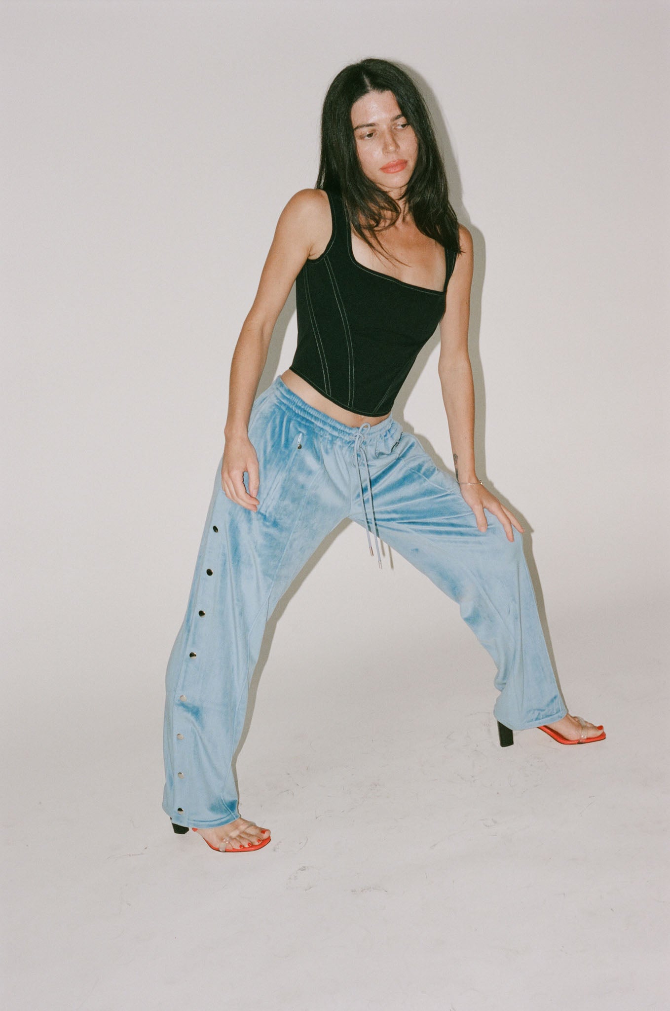PRISCAVera Velour Track Pants in Dusty Blue